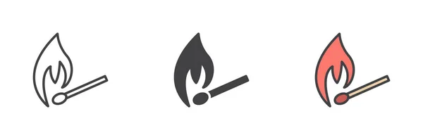 Burning Match Verschiedene Stil Icon Set Linie Glyphe Und Gefüllte — Stockvektor