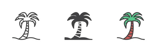 棕榈树不同风格的图标集 字形和填充轮廓色彩斑斓的版本 轮廓和填充向量符号 标识插图 矢量图形 — 图库矢量图片