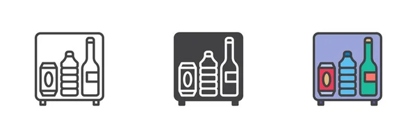 Гостиничный Мини Холодильник Бутылками Разных Стилей Строка Глиф Заполненный Контур — стоковый вектор
