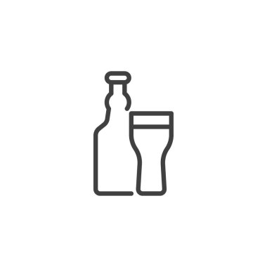 Bira şişesi ve cam çizgi ikonu. Mobil konsept ve web tasarımı için doğrusal biçim işareti. Alkolik bira, ana hatlı vektör ikonu. Sembol, logo çizimi. Vektör grafikleri
