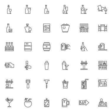 Alkolik içecek çizgisi simgeleri ayarlandı. Pub lineer stil sembolleri koleksiyonu, ana tabela paketi. Bar içecekleri vektör grafikleri. Set simgeleri arasında barmen, bar tezgahı, şarap şişesi, bira musluğu, votka shot yer alıyor
