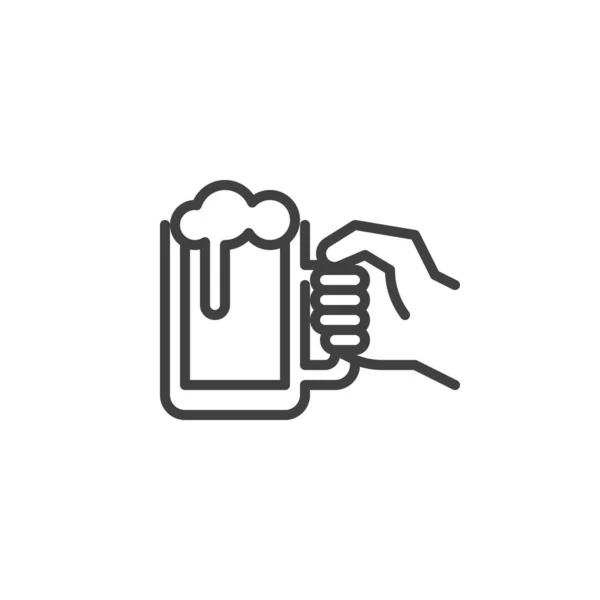 手线图标中的啤酒杯 移动概念和网页设计的线性风格标志 手拿着一大杯啤酒轮廓矢量图标 标识插图 矢量图形 — 图库矢量图片