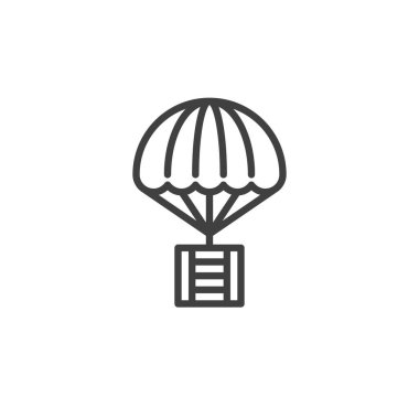 İnsani yardım hattı ikonu. Mobil konsept ve web tasarımı için doğrusal biçim işareti. Paket kutusu ana hatlı paraşüt. Sembol, logo çizimi. Vektör grafikleri