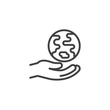 El ve Dünya Çizgisi ikonu. Mobil konsept ve web tasarımı için doğrusal biçim işareti. Sosyal sorumluluk ana hatları vektör simgesi. Barış sembolü, logo illüstrasyonu. Vektör grafikleri