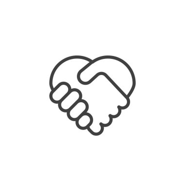 Kalp şekli el sıkışma çizgisi simgesi. Mobil konsept ve web tasarımı için doğrusal biçim işareti. El sıkışma taslak vektör simgesi. Aşk sembolü, logo illüstrasyonu. Vektör grafikleri