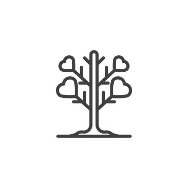 Kalp ağacı çizgisi ikonu. Mobil konsept ve web tasarımı için doğrusal biçim işareti. Kalp şeklinde ağaç ana hatlı vektör simgesi bırakır. Sembol, logo çizimi. Vektör grafikleri