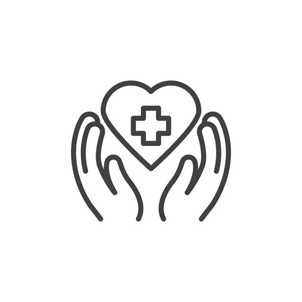 ヘルスケアラインのアイコン モバイルコンセプトとウェブデザインのためのリニアスタイルのサイン クロスアウトラインベクトルアイコンで心臓を保持する両手 シンボル ロゴイラスト ベクトルグラフィックス — ストックベクタ