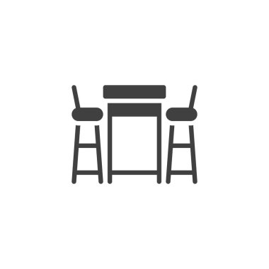 Bar masası ve sandalye vektör ikonu. Mobil konsept ve web tasarımı için düz tabela. Masa ve bar sandalyeleri sembol. Sembol, logo çizimi. Vektör grafikleri