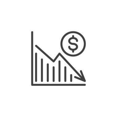 Ekonomik durgunluk çizgisi ikonu. Mobil konsept ve web tasarımı için doğrusal biçim işareti. Dolar oranı dış hat vektör simgesini azaltır. Sembol, logo çizimi. Vektör grafikleri