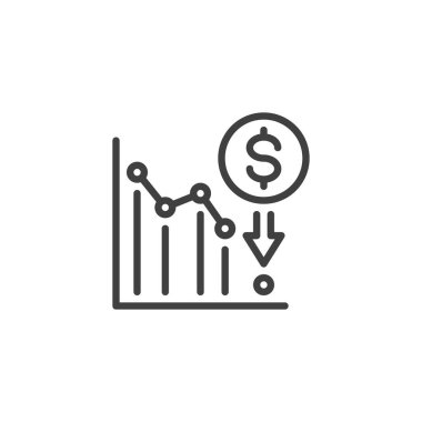 Dolar gerileme çizgisi simgesi. Mobil konsept ve web tasarımı için doğrusal biçim işareti. Dolar grafiği ana hat vektör simgesini azalt. Sembol, logo çizimi. Vektör grafikleri