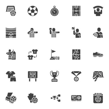Futbol şampiyonası ikonları seti, modern katı sembol koleksiyonu, doldurulmuş piktogram paketi. İşaretler, logo illüstrasyonu. Set, futbolcu, futbol topu ve turnuva takvimi olarak simgeleri içerir