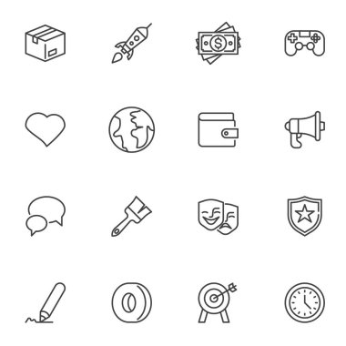 Evrensel çizgi simgeleri seti, ana hat vektör sembolü koleksiyonu, doğrusal biçim piktogram paketi. İşaretler, logo illüstrasyonu. Set para cüzdanı, toprak küresi, konuşma balonu, saat saati, kalem saati gibi temel simgeleri içerir