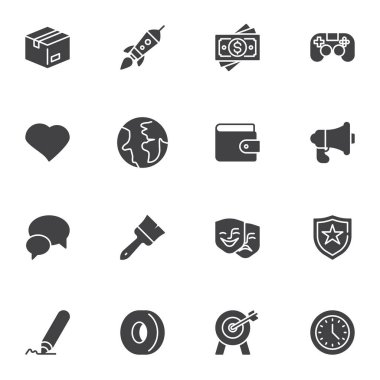 Evrensel vektör simgeleri seti, modern katı sembol koleksiyonu, doldurulmuş biçim piktogram paketi. İşaretler, logo illüstrasyonu. Set para cüzdanı, toprak küresi, konuşma balonu, saat saati, kalem saati gibi temel simgeleri içerir