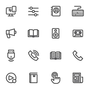 Evrensel iletişim çizgisi simgeleri seti, ana hatlı vektör sembolü koleksiyonu, doğrusal biçim piktogram paketi. İşaretler, logo illüstrasyonu. İletişim defteri, müzik hoparlörü, telefon çağrısı olarak temel simgeleri içerir