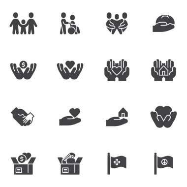 Yardım ve bakım vektör simgeleri seti, Charity katı sembol koleksiyonu, doldurulmuş biçim piktogram paketi. İşaretler, logo illüstrasyonu. Sette bağış kutusu olarak simgeler, yaşlı insanlar bakıcı, gönüllü, aile