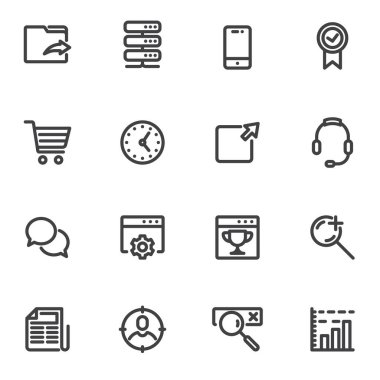 SEO satır simgeleri ayarlandı, Arama motoru optimizasyon ana hatları vektör sembolü koleksiyonu, doğrusal resim paketi. İşaretler, logo illüstrasyonu. Set simgeleri web geliştirme, tanıtım, pazarlama olarak içerir