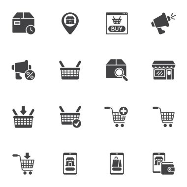 Alışveriş ve ekommerce vektör simgeleri seti, modern katı sembol koleksiyonu, doldurulmuş pictogram paketi. İşaretler, logo illüstrasyonu. Set, tanıtım, pazarlama ve çevrimiçi mobil alışveriş olarak simgeleri içerir