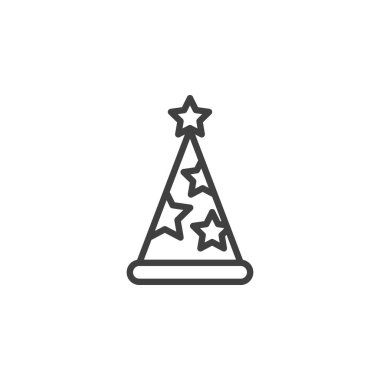 Parti şapkası çizgisi ikonu. Mobil konsept ve web tasarımı için doğrusal biçim işareti. Yıldız çizgisi vektör ikonlu koni şapkası. Sembol, logo çizimi. Vektör grafikleri