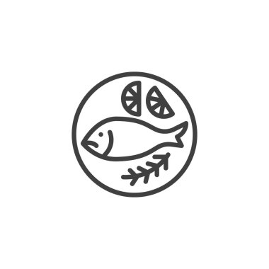 Balık tabağı çizgisi simgesi. Mobil konsept ve web tasarımı için doğrusal biçim işareti. Kızarmış balık ana hatları vektör simgesi. Deniz ürünleri sembolü, logo çizimi. Vektör grafikleri