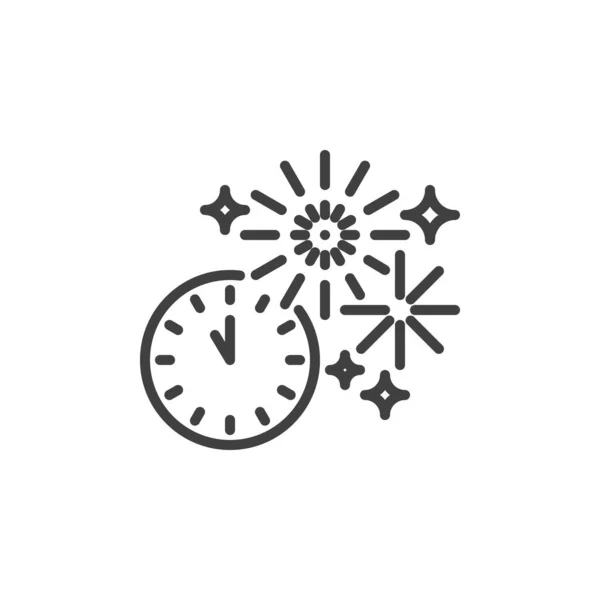 时钟和烟火线图标 移动概念和网页设计的线性风格标志 新年时钟时间轮廓矢量图标 标识插图 矢量图形 — 图库矢量图片
