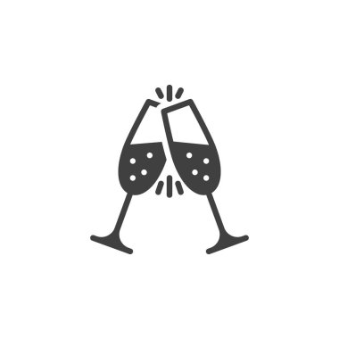 Cheers şampanya bardakları vektör simgesi. mobil konsept ve web tasarımı için düz tabela dolu. Glyph simgesini kızartan iki bardak. Sembol, logo illüstrasyonu. Vektör grafikleri