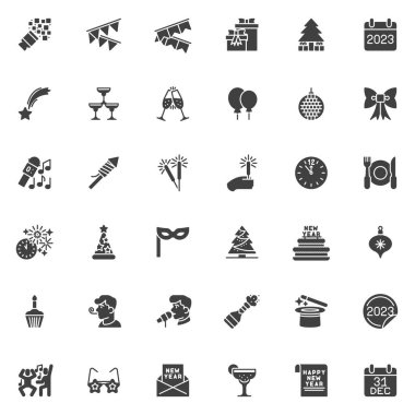 Yeni yıl parti vektör simgeleri seti, modern katı sembol koleksiyonu, doldurulmuş biçim piktogram paketi. İşaretler, logo illüstrasyonu. Set simgeleri Noel ağacı süslemesi, hediye kutuları, şampanya ve havai fişekleri içerir