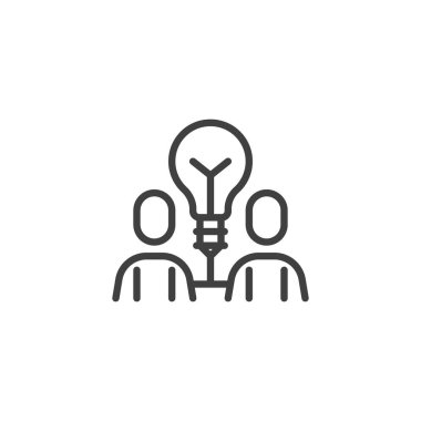 Yaratıcılık çizgisi ikonu. Mobil konsept ve web tasarımı için yaratıcı fikir doğrusal işareti. İki kişi ve ampul ana hatlı vektör simgesi. Sembol, logo çizimi. Vektör grafikleri