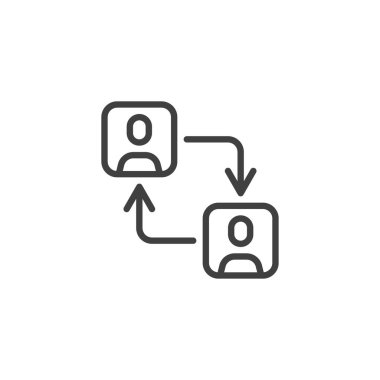 İki kişi ve ok çizgisi ikonu. Mobil konsept ve web tasarımı için doğrusal biçim işareti. Kullanıcı yer değiştirme vektör simgesi. Sembol, logo çizimi. Vektör grafikleri