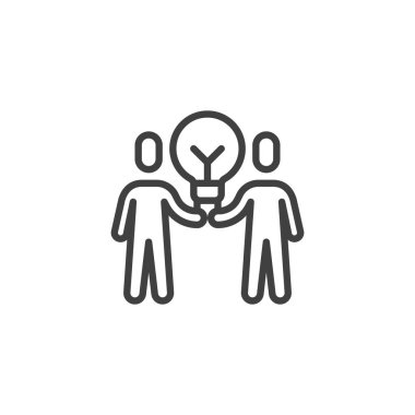 Lamba hattı ikonunu tutan iki kişi. Mobil konsept ve web tasarımı için yaratıcı düşünme tarzı işareti. Takım çalışması ana hatlı vektör ikonu. Sembol, logo çizimi. Vektör grafikleri