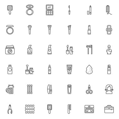 Makyaj kozmetik çizgisi simgeleri ayarlandı. Kozmetik ürünleri doğrusal stil sembolleri koleksiyonu, ana tabela paketleri. Makyaj temel vektör grafikleri. Set rimel fırçası, ruj, losyon kremi gibi simgeleri içerir