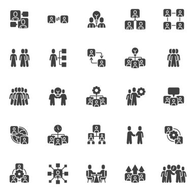 İnsanlar iletişim vektör simgeleri seti, takım yapısı modern katı sembol koleksiyonu, doldurulmuş biçim piktogram paketi. Logo illüstrasyonu işaretleri. Set simgeleri, zaman yönetimi, takım çalışması grubu, toplantı içerir