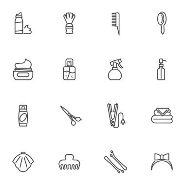 Berber dükkanı ekipman hattı simgeleri seti, ana hatlı vektör sembolü koleksiyonu, lineer stil piktogram paketi. İşaretler, logo illüstrasyonu. Tıraş köpüğü, makas, parfüm spreyi, tarak gibi simgeler içerir