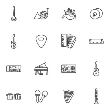 Müzik enstrümanları satır simgeleri seti, ana hat vektör sembolü koleksiyonu, doğrusal biçim piktogram paketi. İşaretler, logo illüstrasyonu. Elektro gitar, piyano, trompet, arp, perküsyon davulu gibi simgeleri içerir