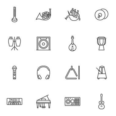 Müzik enstrümanları çizgisi simgeleri seti, ana hatlı vektör sembolü koleksiyonu, doğrusal biçim piktogram paketi. İşaretler, logo illüstrasyonu. Akustik gitar, piyano, davul, mikrofon, üçgen olarak simgeleri içerir