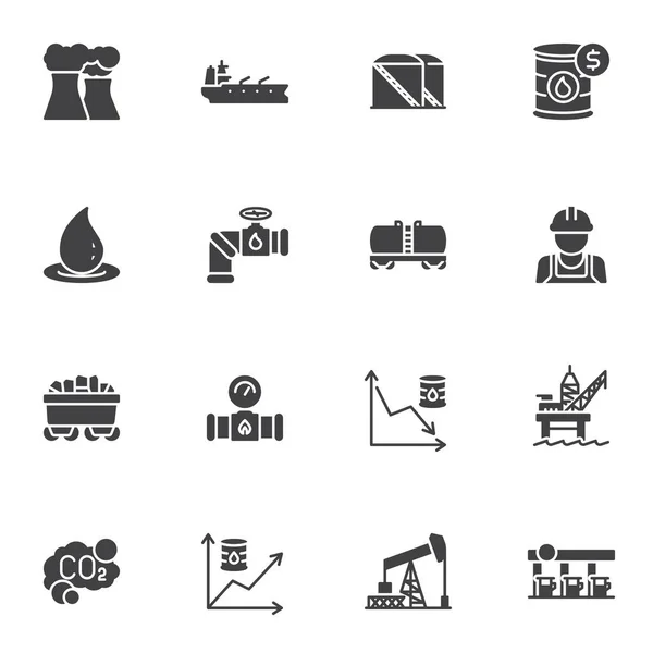 原油工业矢量图标集 现代固态符号集 填充风格象形文字包 标志说明 套装包括炼油厂 石油价格 海上平台等图标 — 图库矢量图片