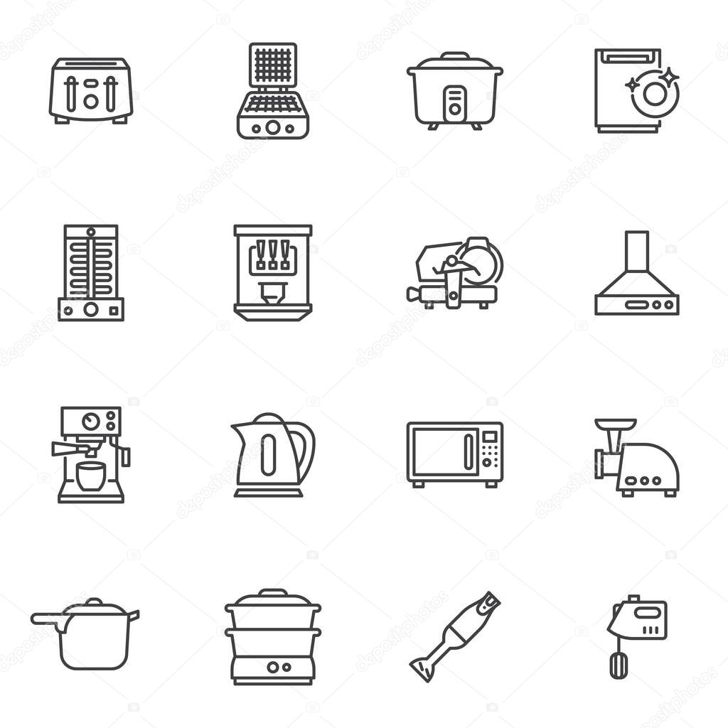 Kitchen appliances line icons set, outline vector symbol collection, linear style pictogram pack. Signs, logo illustration. Set includes icons as toaster, dishwasher, electric mixer, coffee machine