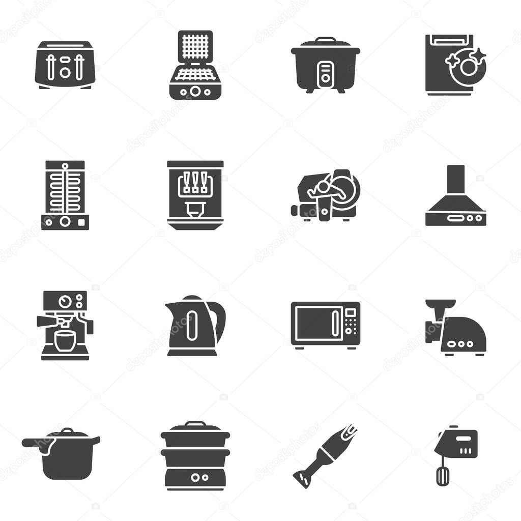 Kitchen appliances vector icons set, modern solid symbol collection, filled style pictogram pack. Signs, logo illustration. Set includes icons as toaster, dishwasher, electric mixer, coffee machine