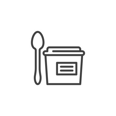 Yemek kutusu ve kaşık çizgisi ikonu. Seyyar konsept ve web tasarımı için yiyecek kabı çizgisel tabelalarını kaldırın. Beslenme çantası ana hatlı vektör simgesi. Sembol, logo çizimi. Vektör grafikleri