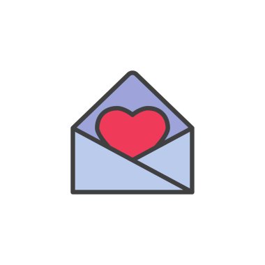 Kalp dolu taslak simgesi, çizgi vektör işareti, beyaz üzerine izole edilmiş doğrusal renkli resimli zarf. Sevgililer Günü sembolü, logo çizimi. Vektör grafikleri