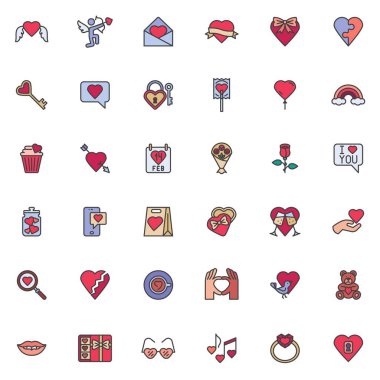 Sevgililer Günü taslak simgeler seti, çizgi vektör sembolü koleksiyonu, doğrusal renkli piktogram paketi. Logo illüstrasyonu işaretleri, çikolata şekeri, hediye kutusu, kalp oklu aşk tanrısı simgeleri.