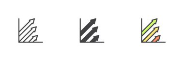 Büyüyen grafik biçim simgesi seti. Çizgi, kabartma ve doldurulmuş rengarenk versiyon, ok çizelgesi ve doldurulmuş vektör işareti. Sembol, logo çizimi. Vektör grafikleri