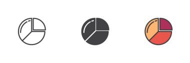 Bir pasta grafiği farklı bir biçim simgesi seti. Çizgi, kabartma ve doldurulmuş renkli versiyon, dairesel istatistiksel çizim ve doldurulmuş vektör işareti. Sembol, logo çizimi. Vektör grafikleri