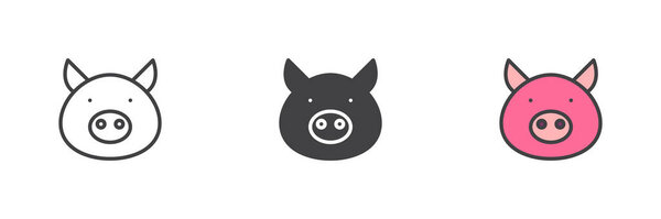 Pig head different style icon set. Line, glyph and filled outline colorful version, outline and filled vector sign. Pork symbol, logo illustration. Vector graphics