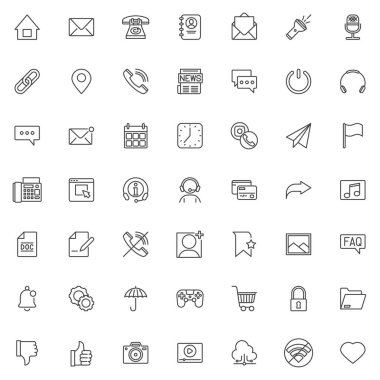 UI çizgi simgeleri ayarlandı. Doğrusal biçim sembolleri koleksiyonu, ana tabela işaretleri paketi. Kullanıcı arayüzü vektör grafikleri. Ayarlar telefon çağrısı, e- posta, iletişim, sohbet yorumu, mesaj, sosyal medya, destek olarak simgeleri içerir