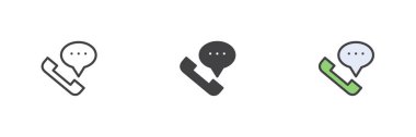 Telefon mesajı farklı biçim simgesi seti. Çizgi, kabartma ve doldurulmuş renkli versiyon, telefon ve konuşma balonu ana hatları ve doldurulmuş vektör işareti. Sembol, logo çizimi. Vektör grafikleri