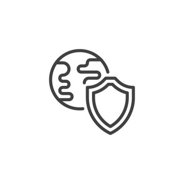 Doğal kaynaklar koruma hattı simgesi. Mobil konsept ve web tasarımı için doğrusal biçim işareti. Kalkan ve Dünya Gezegeni vektör ikonunu çiziyor. Sembol, logo çizimi. Vektör grafikleri