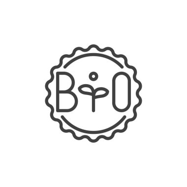 Bio etiket çizgisi simgesi. Mobil konsept ve web tasarımı için doğrusal biçim işareti. Yaprak çizgisi vektör simgesiyle etiketle. Sembol, logo çizimi. Vektör grafikleri