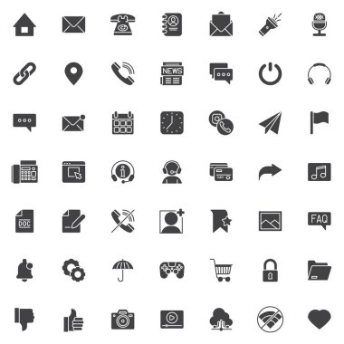 UI vektör simgeleri seti, modern katı sembol koleksiyonu, doldurulmuş biçim piktogram paketi. İşaretler, logo illüstrasyonu. Ayarlar telefon çağrısı, e- posta, iletişim, yorum, mesaj, sosyal medya, destek olarak simgeleri içerir