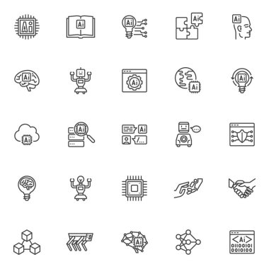 Yapay zeka çizgisi simgeleri ayarlandı. Doğrusal biçim sembolleri koleksiyonu, ana tabela işaretleri paketi. Yapay zeka vektör grafikleri. Makine öğrenme, sibernetik, yapay zeka, robot simgeleri küme