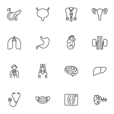 Sağlık ve tıbbi hat simgeleri seti, ana hat vektör sembolü koleksiyonu, doğrusal resim paketi. İşaretler, logo illüstrasyonu. İnsan organı, kalp, beyin, karaciğer, doktor, hemşire olarak simgeleri içerir